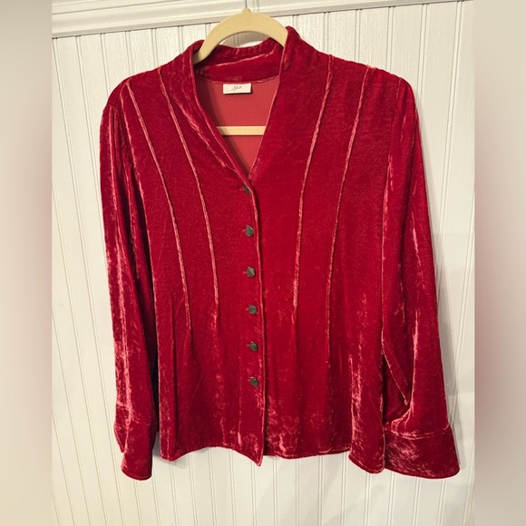 J. Jill Red Crushed Velvet Silk Blend Button up Blouse - Picture 1 of 6